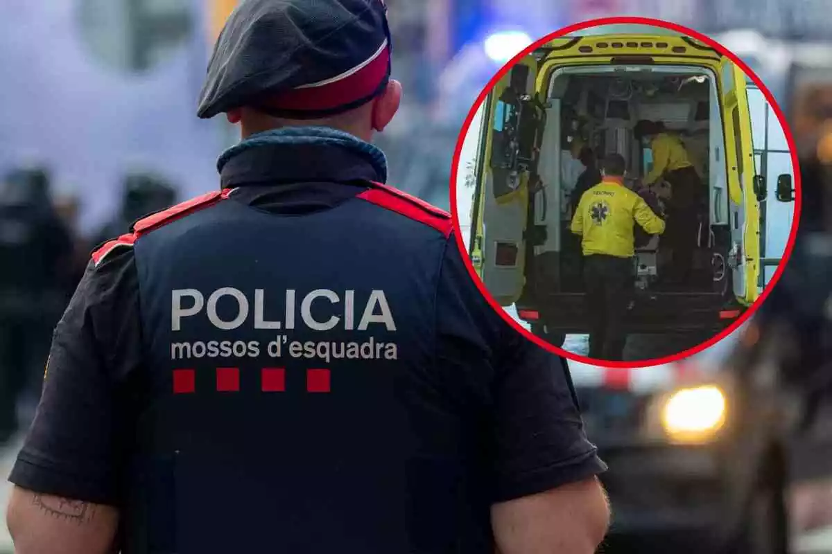 Fotomontaje con una imagen de fondo de un agente de los Mossos d'Esquadra y al frente una redonda roja con una ambulancia del Sistema d'Emergències Mèdiques (SEM)