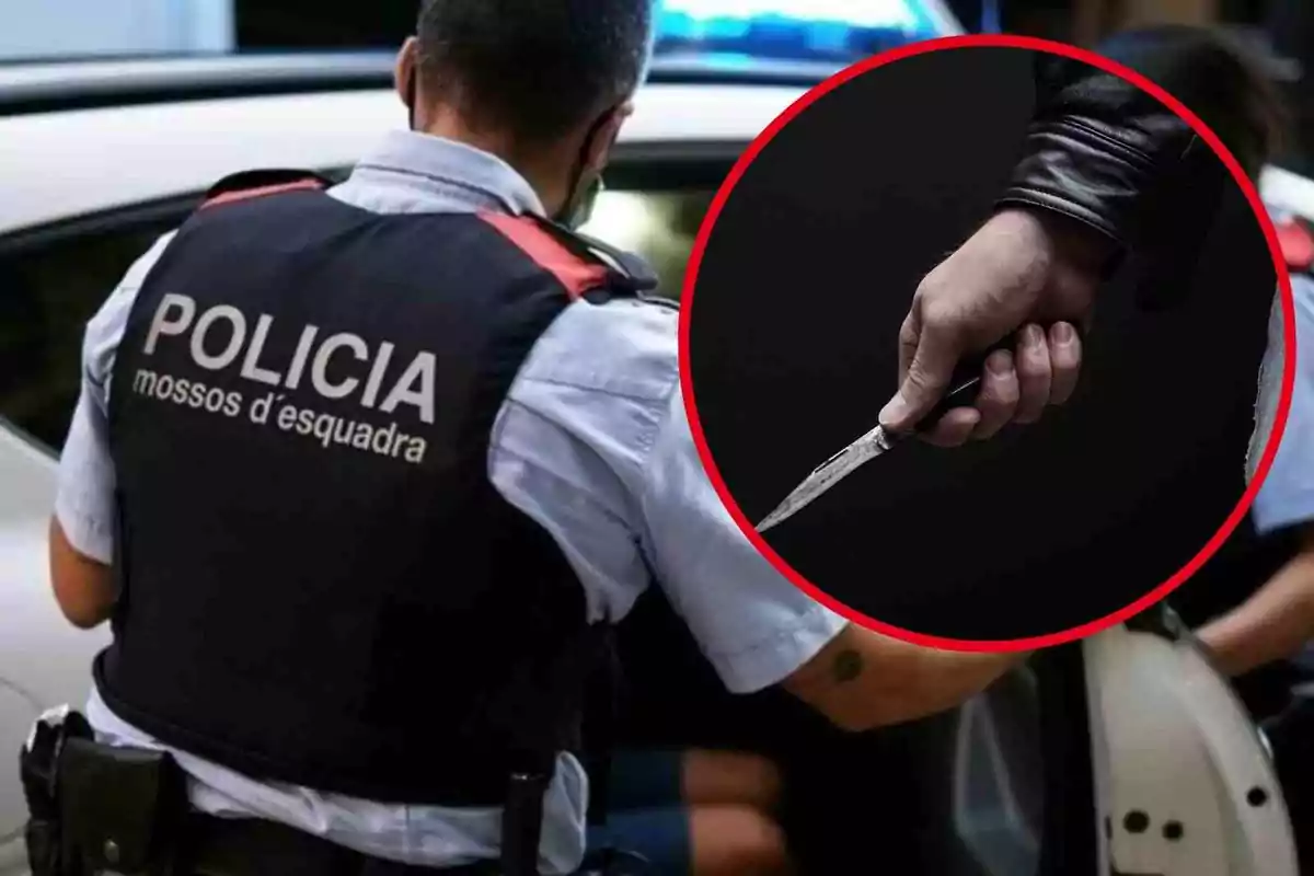 Fotomontaje con una imagen de Mossos d'Esquadra y una redonda roja con una persona con un cuchillo en la mano