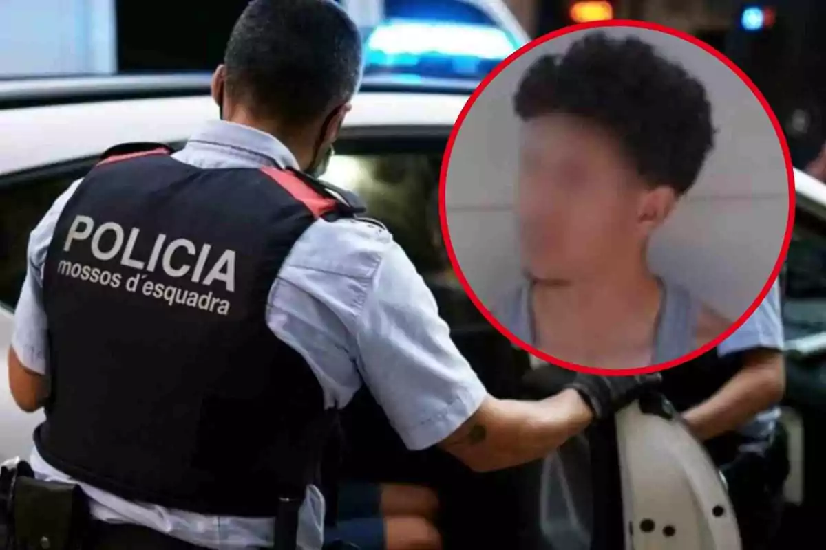 Fotomontaje con una imagen de fondo de un agente de Mossos d'Esquadra y al frente una redonda roja con la cara del joven atacante de Soses