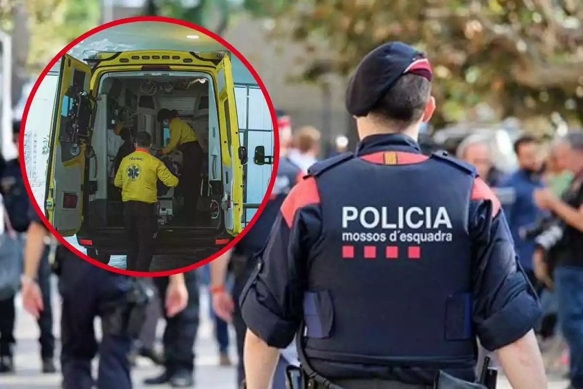 Fotomontaje con una imagen de fondo de un agente de los Mossos d'Esquadra de espaldas y una redonda roja con una ambulancia del Sistema d'Emergències Mèdiques (SEM)