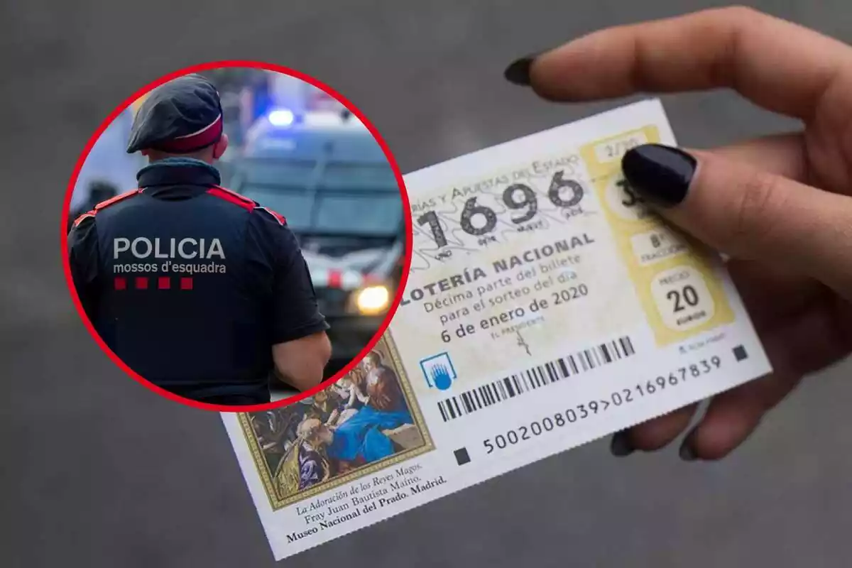 Montaje fotográfico entre una imagen de los Mossos d'Esquadra y un décimo de lotería