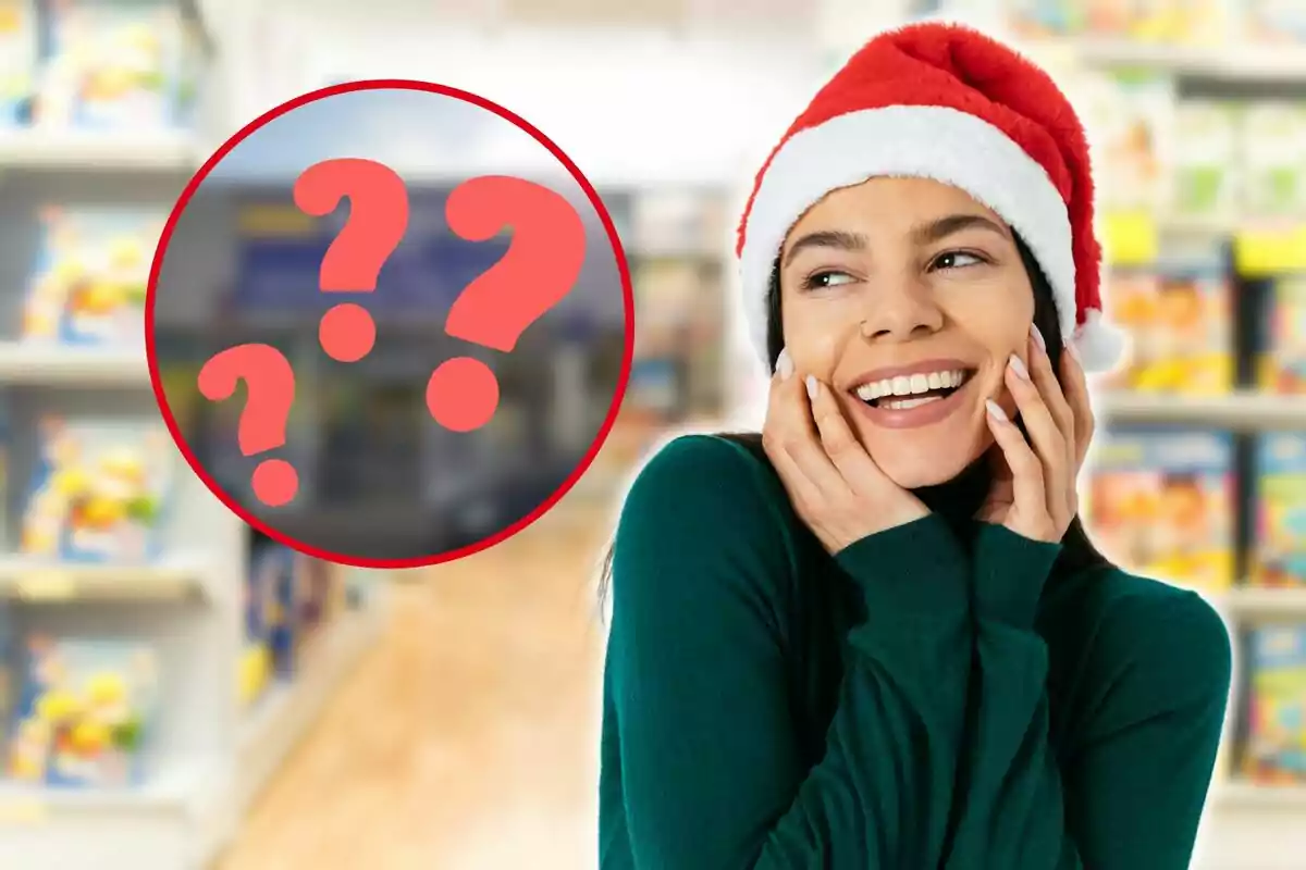 Mujer sonriente con gorro de Navidad en una tienda con un círculo rojo con signos de interrogación.