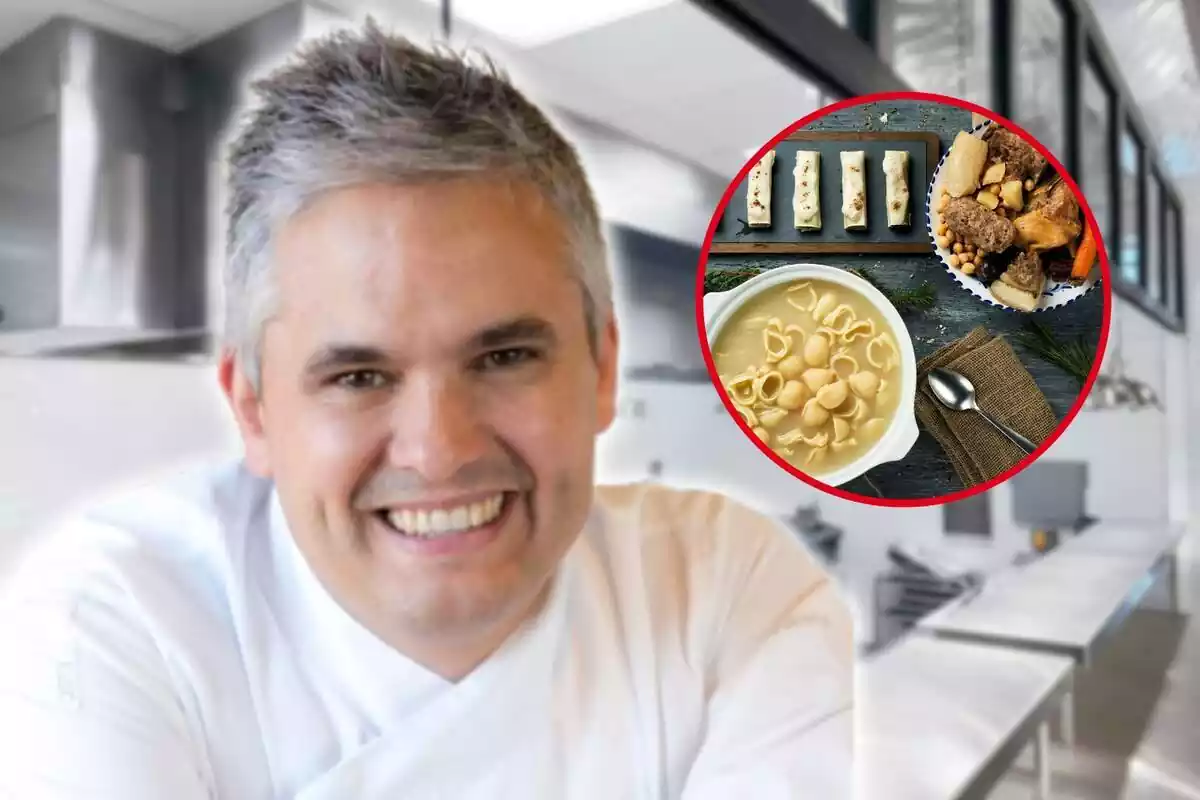 Montaje fotográfico entre una imagen del chef Nandu Jubany y un plato de escudella