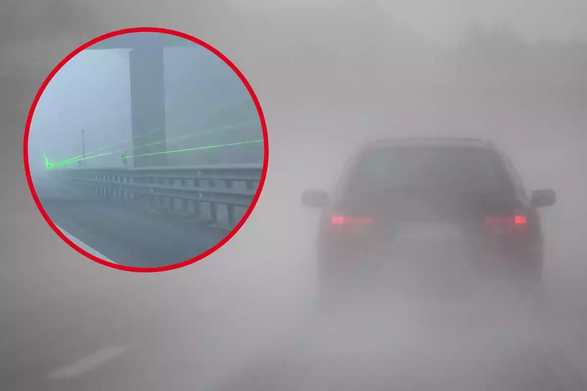 Montaje fotográfico entre la imagen de una carretera con niebla y una sobre el nuevo sistema de delimitación de carriles en Cataluña