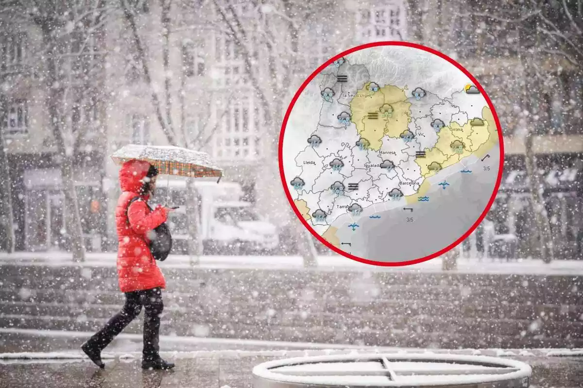 Fotomontaje de una imagen nevando y una mujer andando y el mapa del Meteocat con la predicción de este viernes 19 de enero