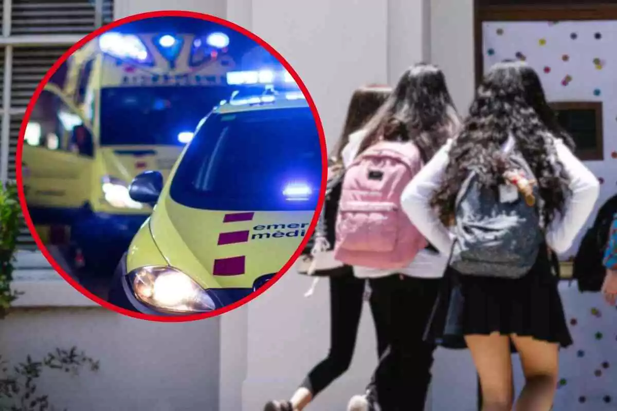 Fotomontaje de varias niñas entrando en un colegio y una redonda roja al frente con dos ambulancias del SEM