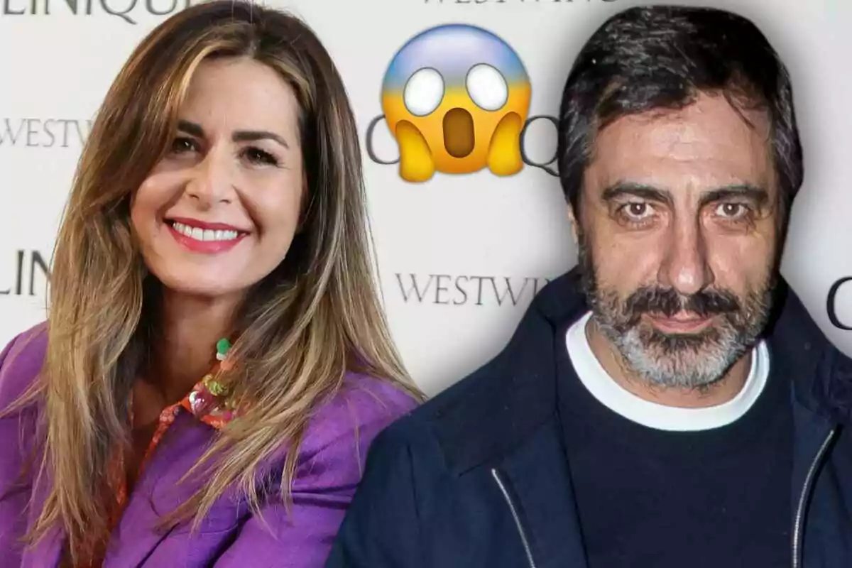 Nuria Roca y Juan del Val posando frente a un fondo con logotipos y un emoji de sorpresa entre ellos.