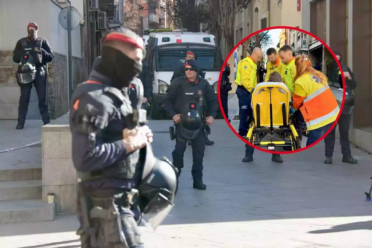 Montaje fotográfico entre dos imágenes del desalojo del centro social Estudi 9 en Santa Coloma de Gramanet