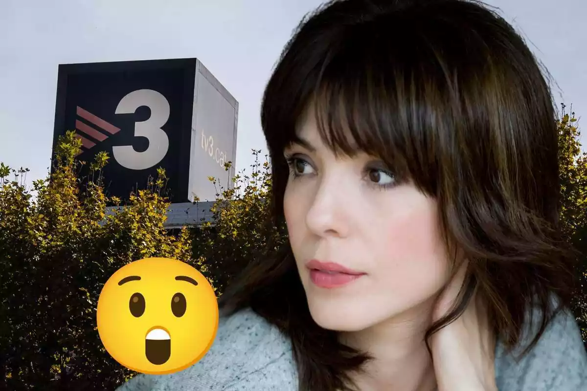 Fotomontaje de Olalla Moreno con las instalaciones de TV3 de fondo y un emoticono con cara de sorpresa