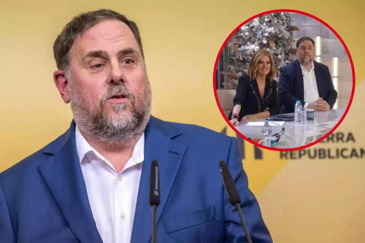 Montaje fotográfico entre una imagen de Oriol Junqueras y otra de él en el plató de Telecinco