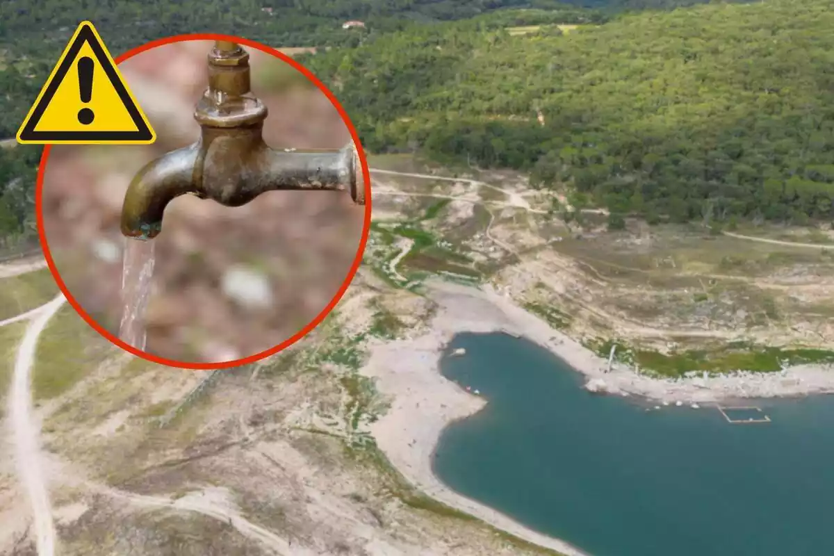 Fotomontaje con una imagen de un pantano de Gerona medio vacío y al frente una redonda roja con un símbolo de alerta y un grifo