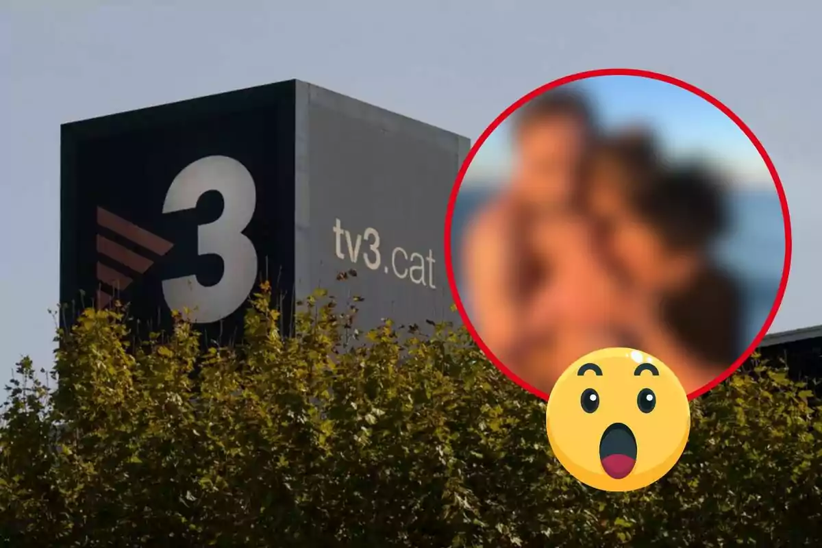 Edificio de TV3 con una imagen borrosa de personas y un emoji sorprendido.