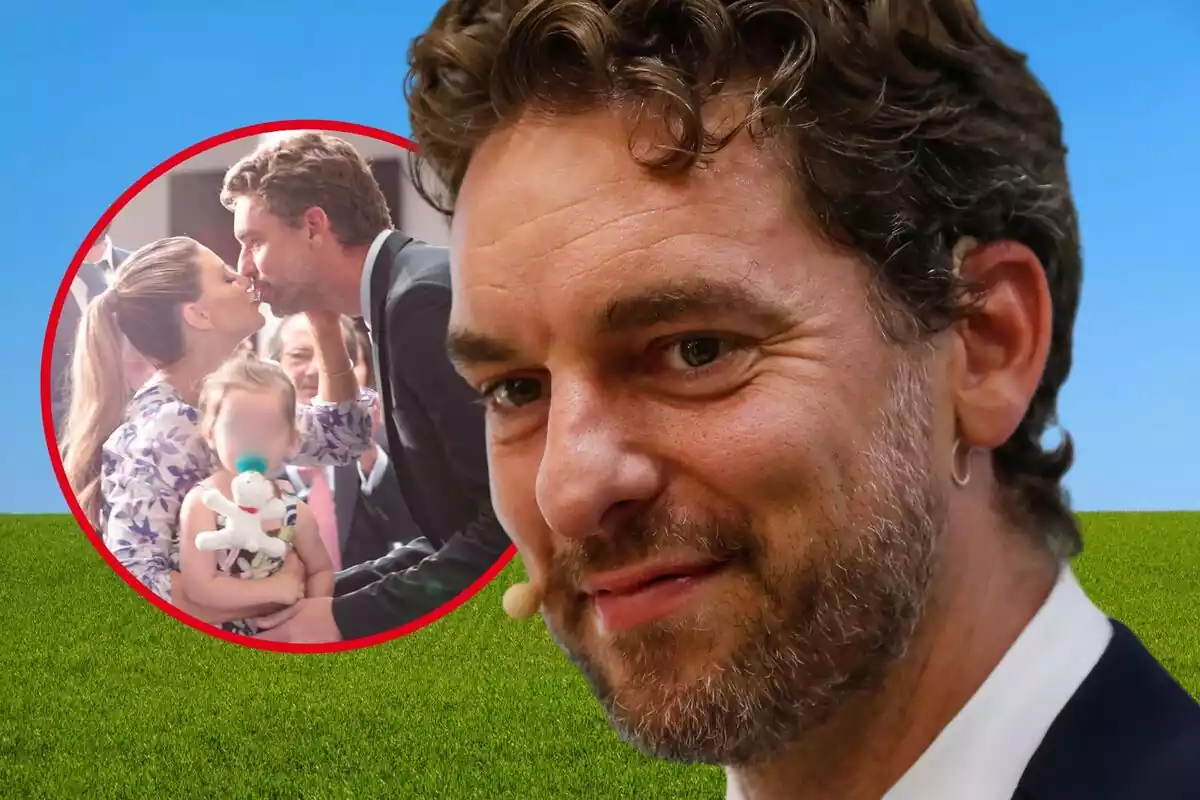 Fotomontaje de Pau Gasol con una imagen de su familia y un prado de fondo