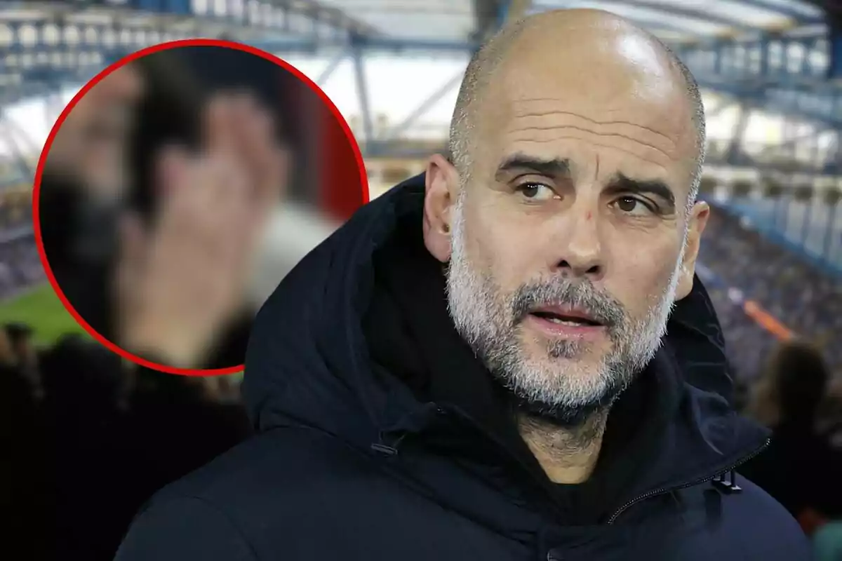 Un hombre con chaqueta oscura en un estadio, con un círculo rojo que muestra una imagen borrosa de una persona aplaudiendo.