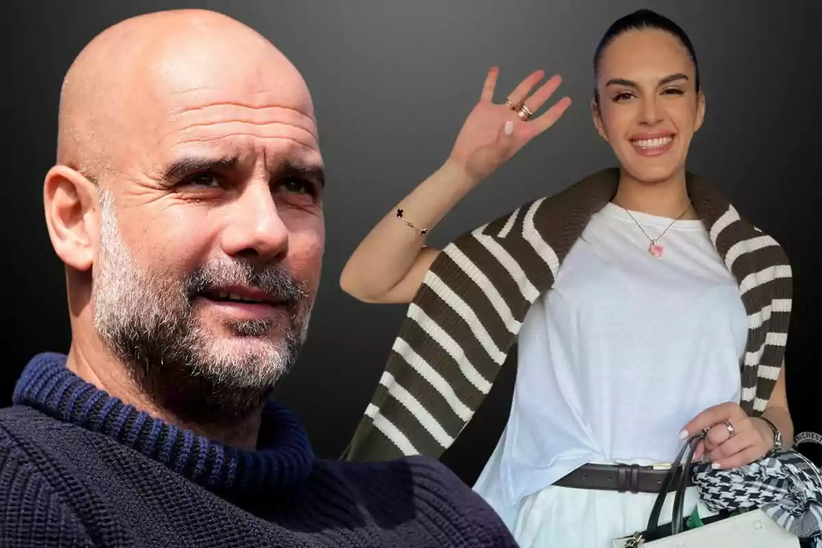 Un hombre con barba y suéter azul oscuro junto a una mujer sonriendo y saludando, con un suéter a rayas marrón y blanco sobre los hombros y una camiseta blanca.