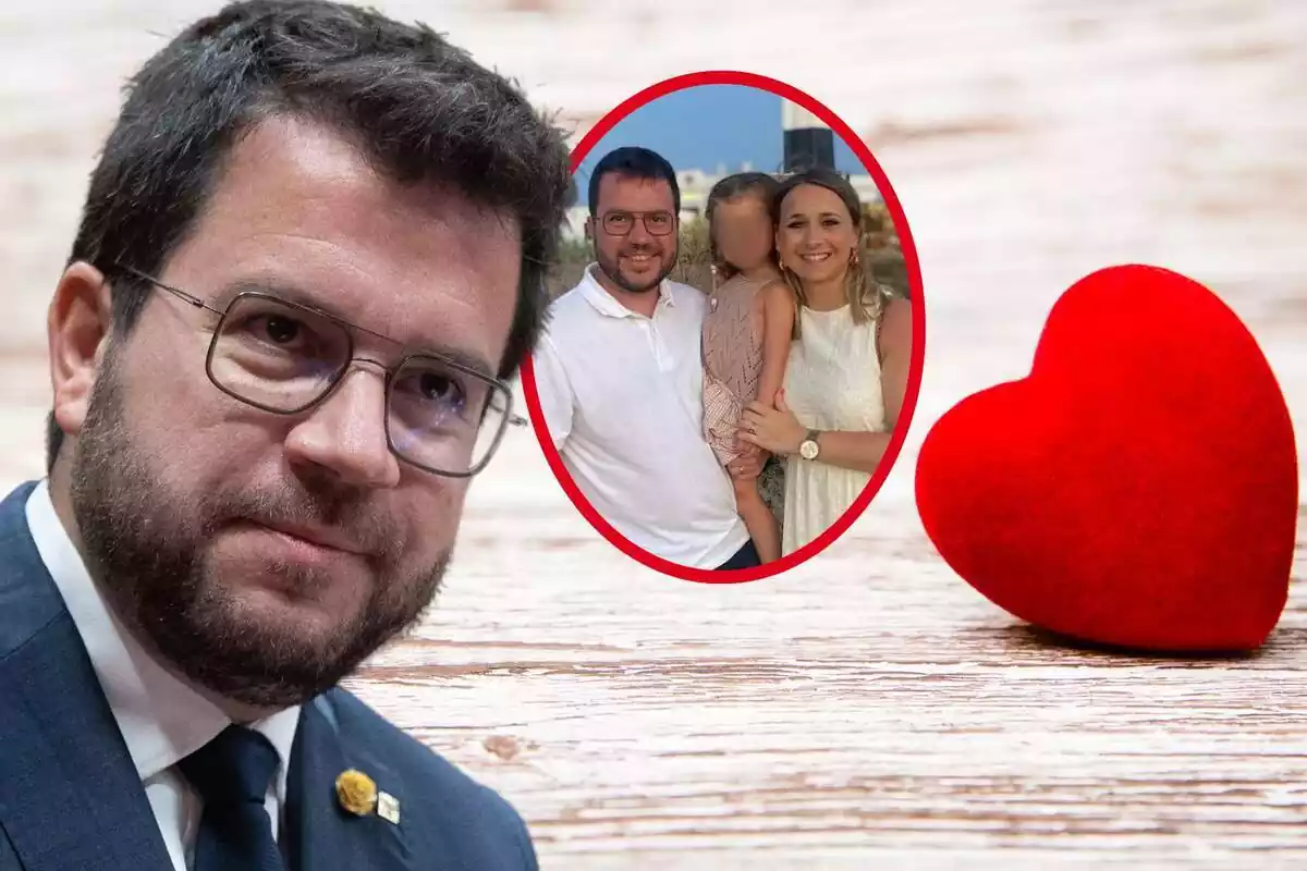 Fotomontaje de Pere Aragonès con una imagen de su mujer y su hija y un corazón de fondo