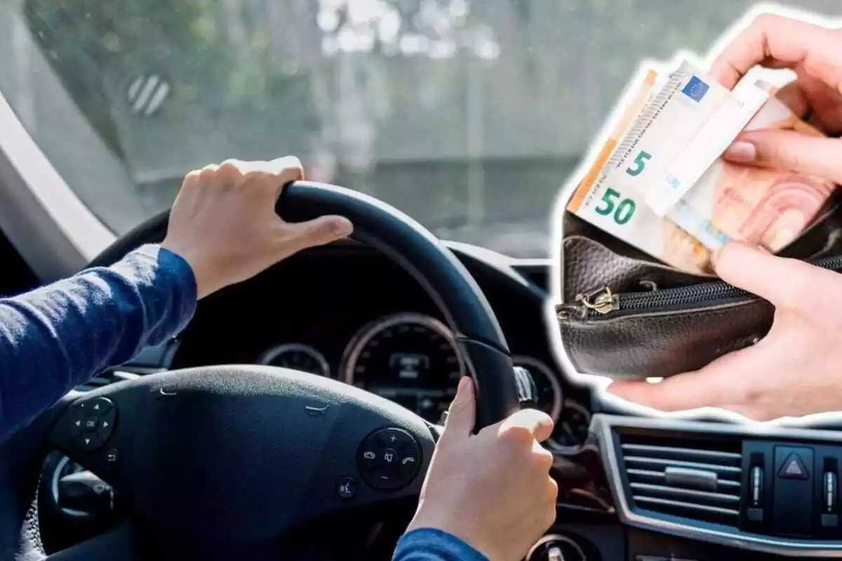 Fotomontaje con una imagen de fondo de una persona conduciendo y al frente un monedero con billetes de euro