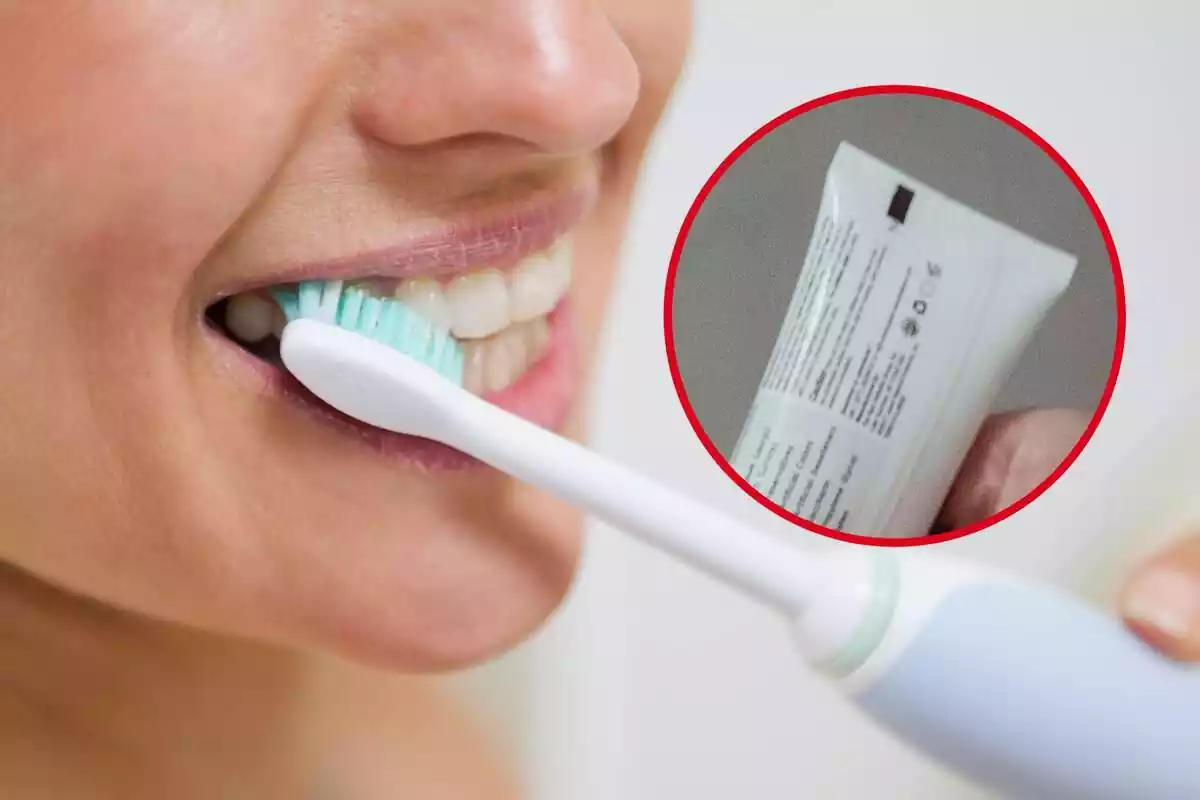 Montaje fotográfico entre una imagen de una persona lavándose los dientes y el tubo de una pasta de dientes