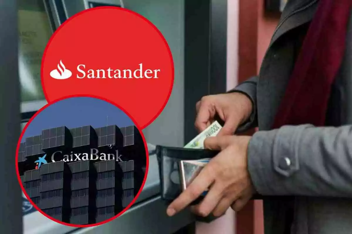 Fotomontaje con una imagen de una persona con dinero en una cartera y dos redondas rojas con los logos de Banco Santander y CaixaBank
