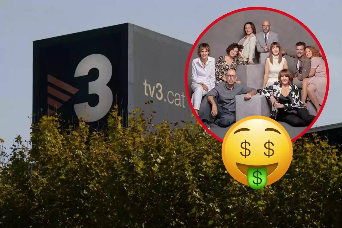 Edificio de TV3 con un grupo de personas en un círculo rojo y un emoji de dinero.