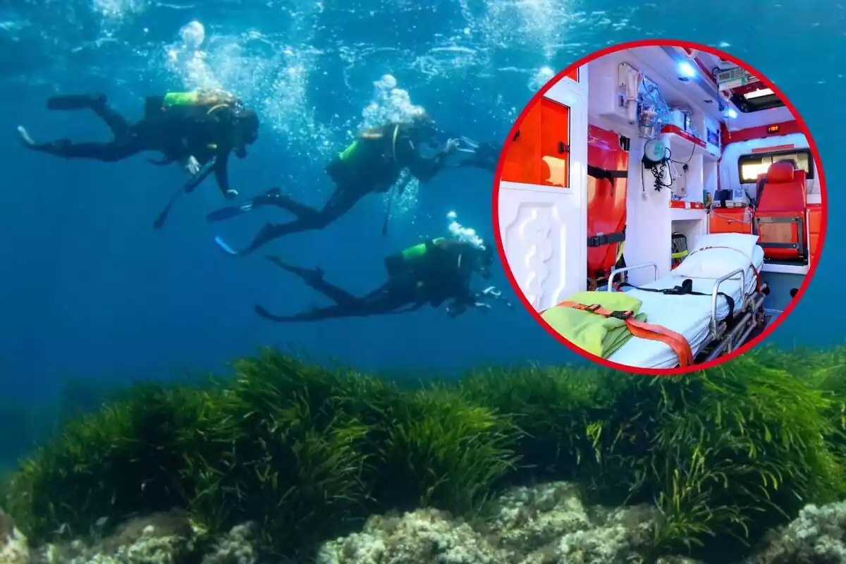 Fotomontaje de varias personas buceando en el mar y el interior de una ambulancia