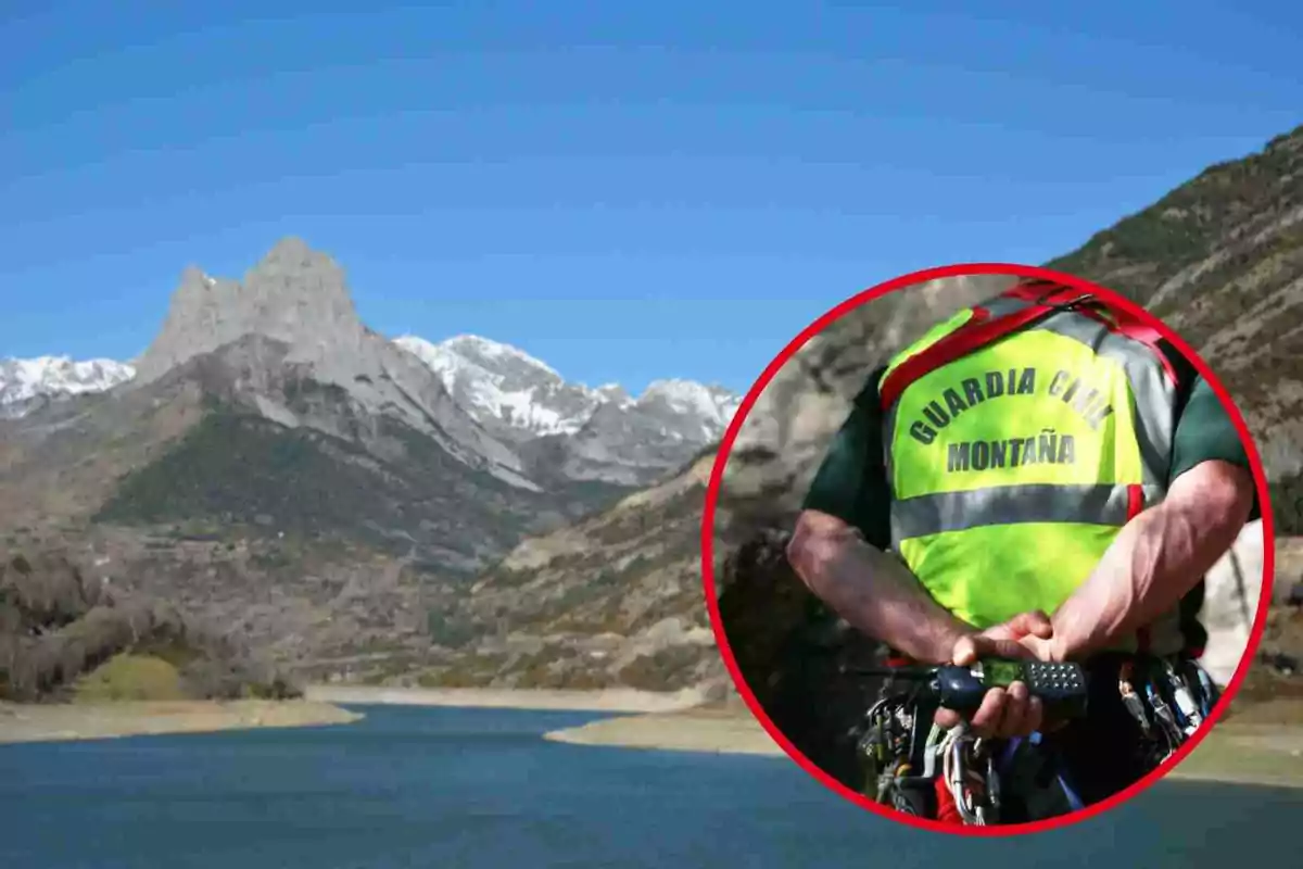 Guardia Civil de Montaña con un paisaje de montañas y un río al fondo.