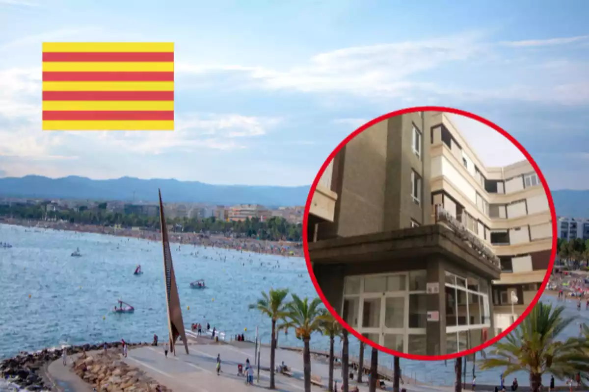Fotomontaje con un fondo de Salou, una foto de Idealista enmarcada y una bandera catalana