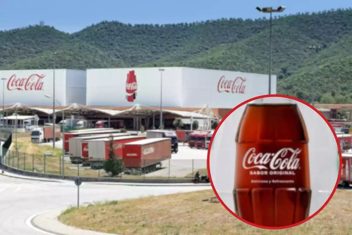Fotomontaje de la planta de Coca-Cola en Martorelles y una redonda roja con una botella de cristal de Coca-Cola