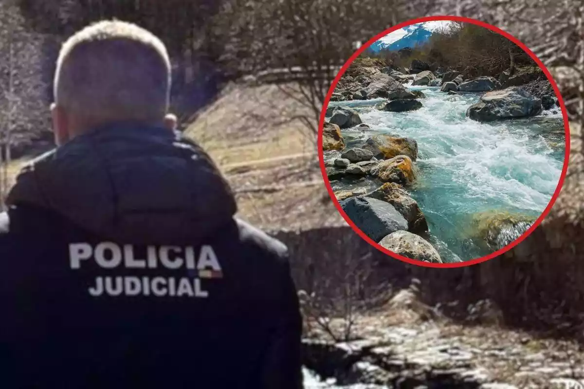 Fotomontaje con una imagen de un agente de la Policía Judicial de Andorra y una redonda roja con la imagen de un río