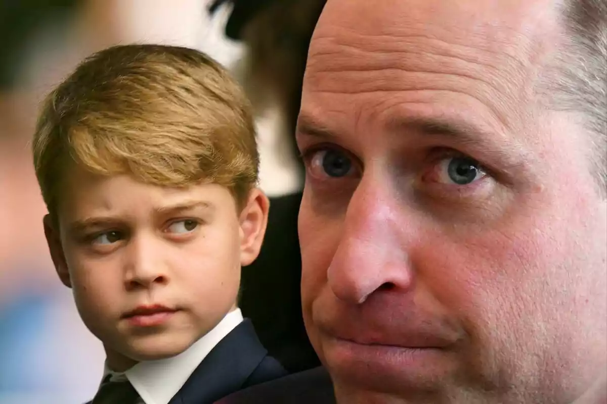 Un niño rubio con expresión seria mira hacia un hombre adulto de rostro serio y mirada pensativa Un niño rubio con expresión seria mira hacia un hombre adulto de rostro serio y mirada pensativa