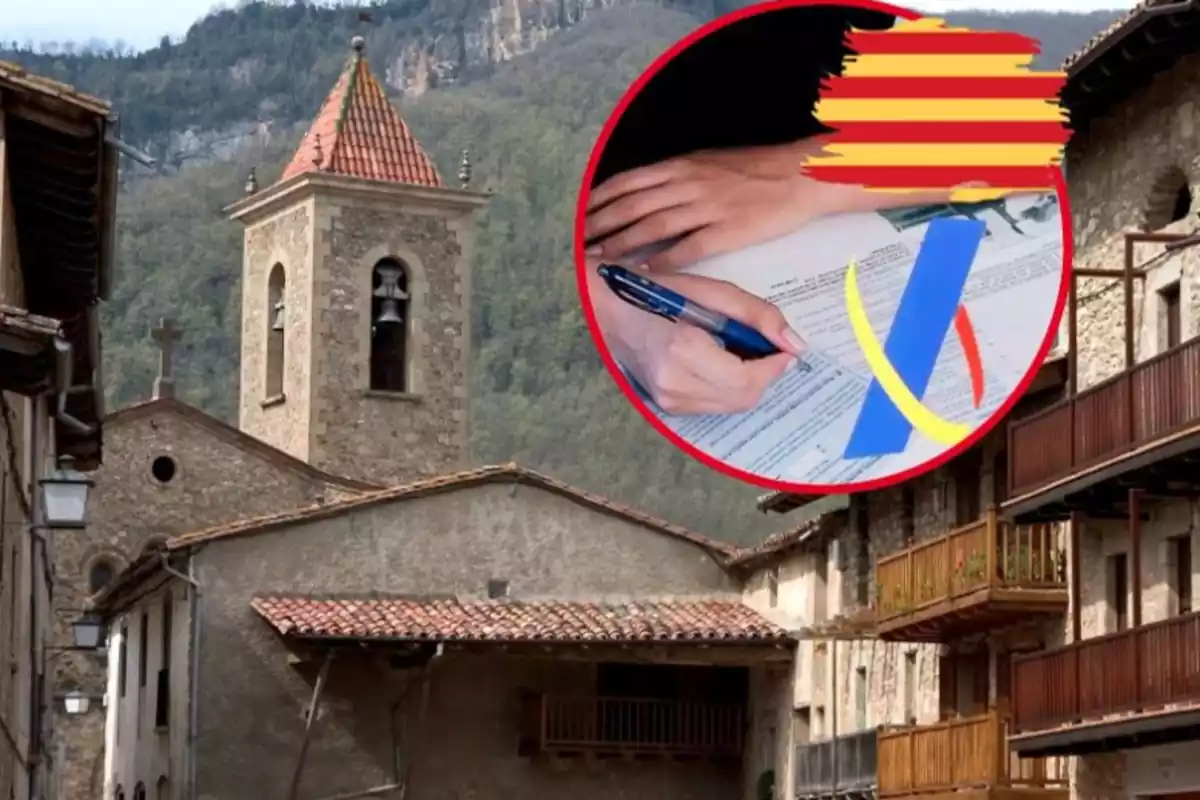fotomontaje con una foto de un pueblo catalán y una foto con el logo de Hacienda y una bandera catalana