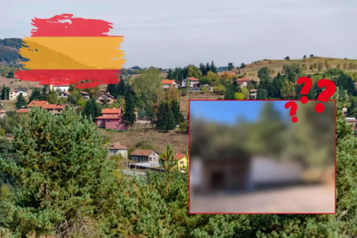 Fotomontaje con el fondo de un pueblo, una bandera de España y una foto de una casa rural difuminada con interrogantes
