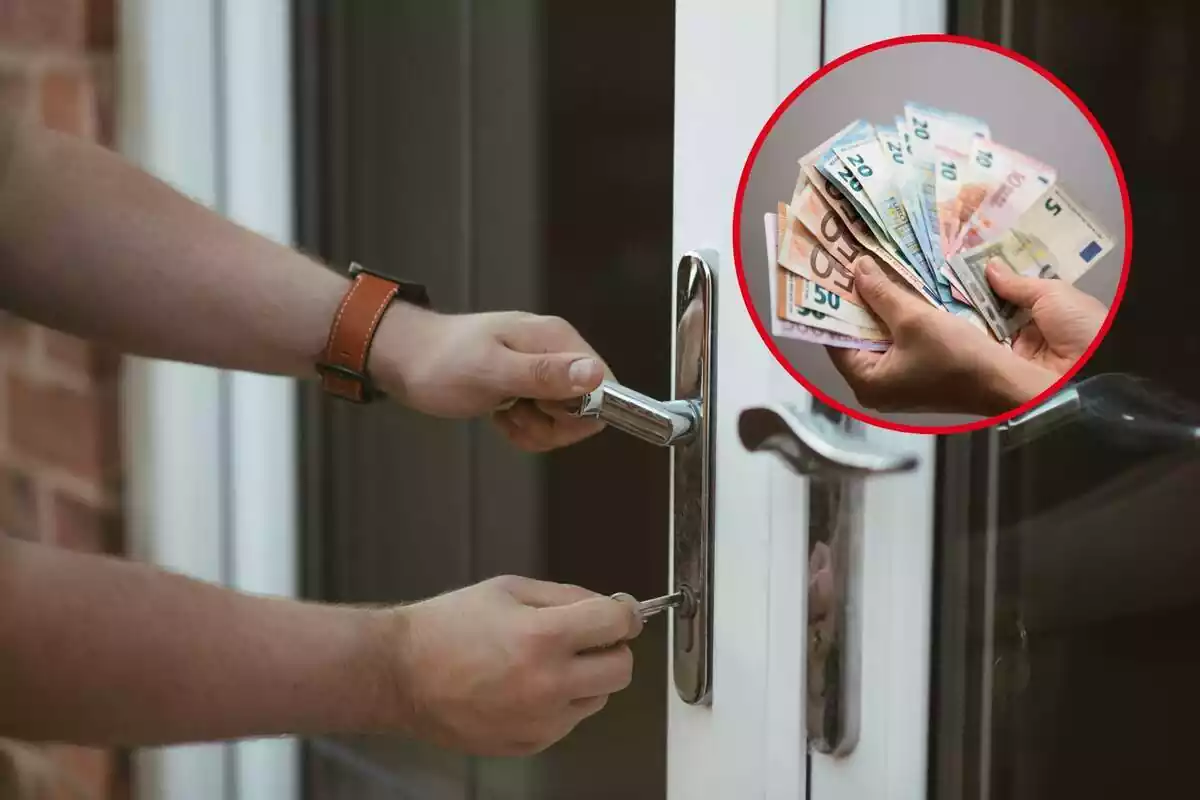 Fotomontaje de un hombre abriendo una puerta y una imagen con un fajo de billetes