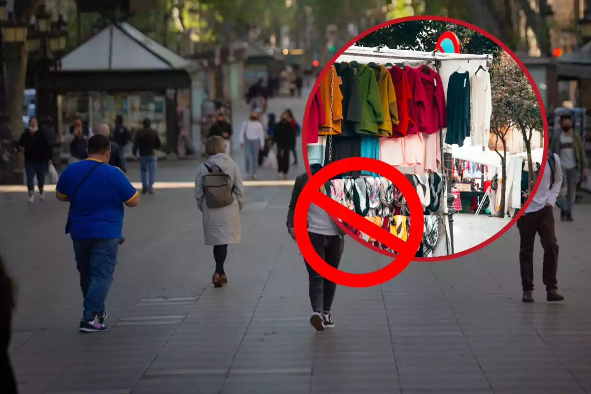 Fotomontaje de una imagen de la rambla de Barcelona con una foto de un mercadillo y una señal de prohibición