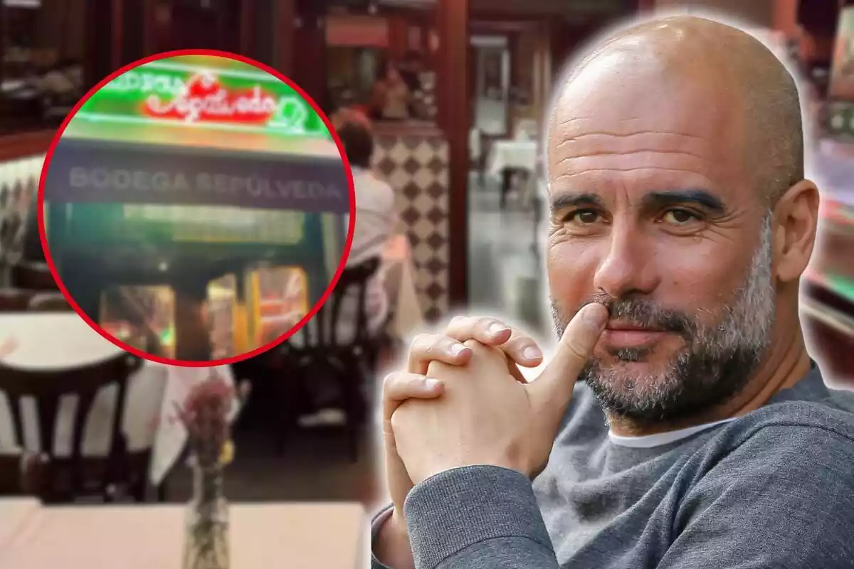 Montaje fotográfico entre una imagen de Pep Guardiola sobre el fondo de un restaurante