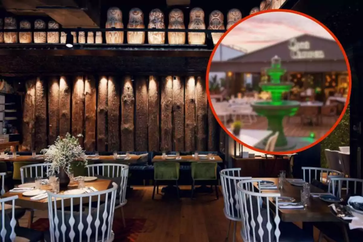 Fotomontaje con una imagen de fondo de un restaurante y al frente una redonda roja con un restaurante Casa Carmen