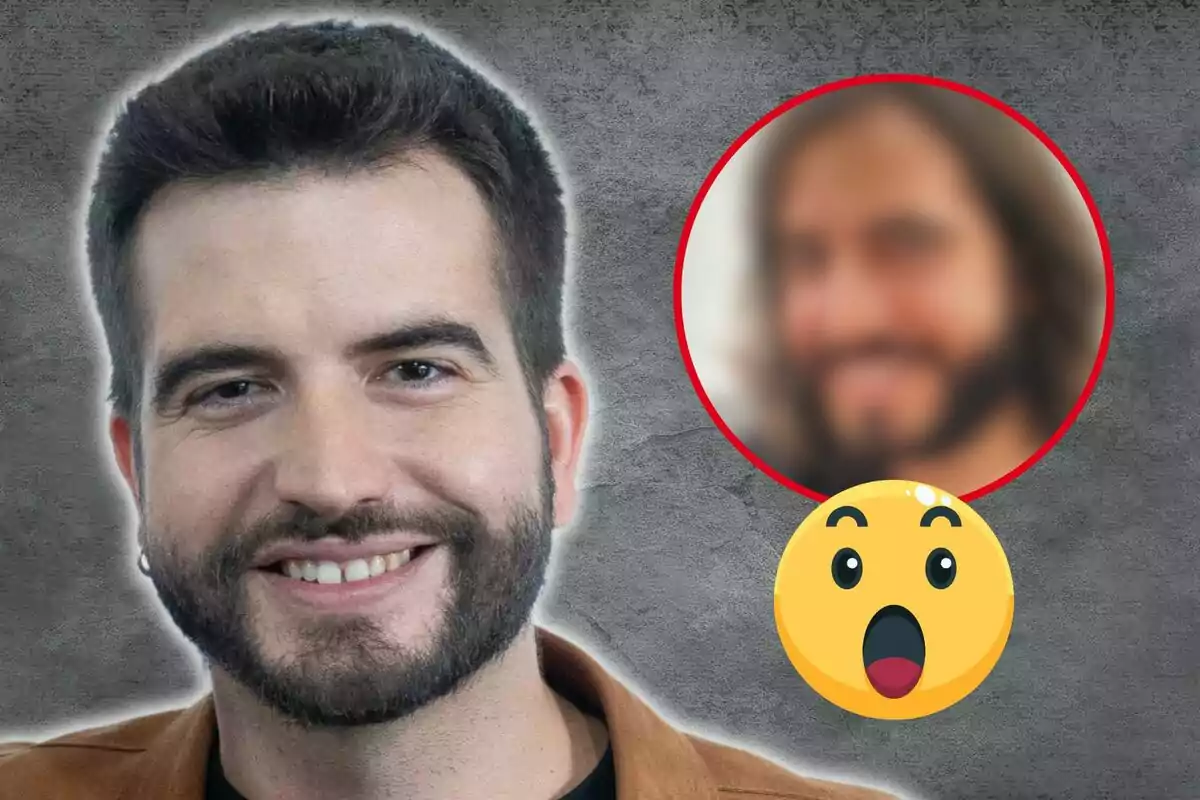 Un hombre sonriente con barba y cabello corto, junto a una imagen borrosa de otra persona en un círculo rojo con un emoji sorprendido.