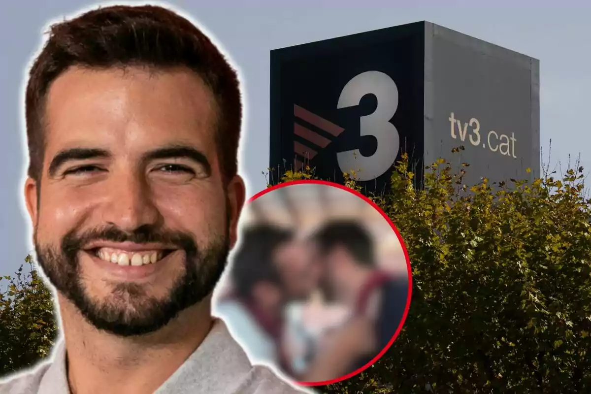 Un hombre sonriente con barba en primer plano, un edificio con el logotipo de "tv3.cat" en el fondo y una imagen borrosa de dos personas en un círculo rojo.