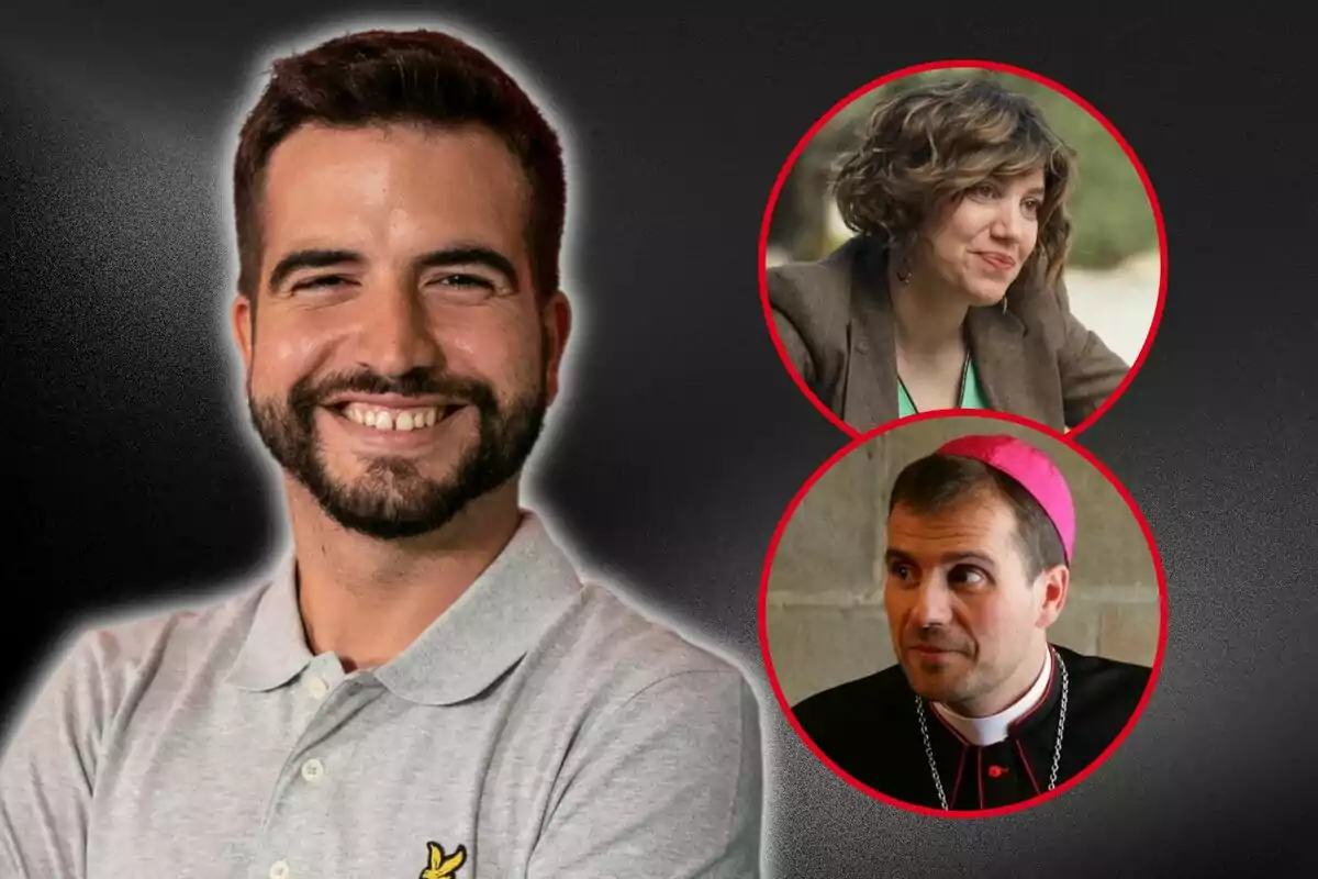 Un hombre sonriente con barba y polo gris a la izquierda, y dos personas en círculos rojos a la derecha, una mujer con cabello rizado y un hombre con vestimenta religiosa.