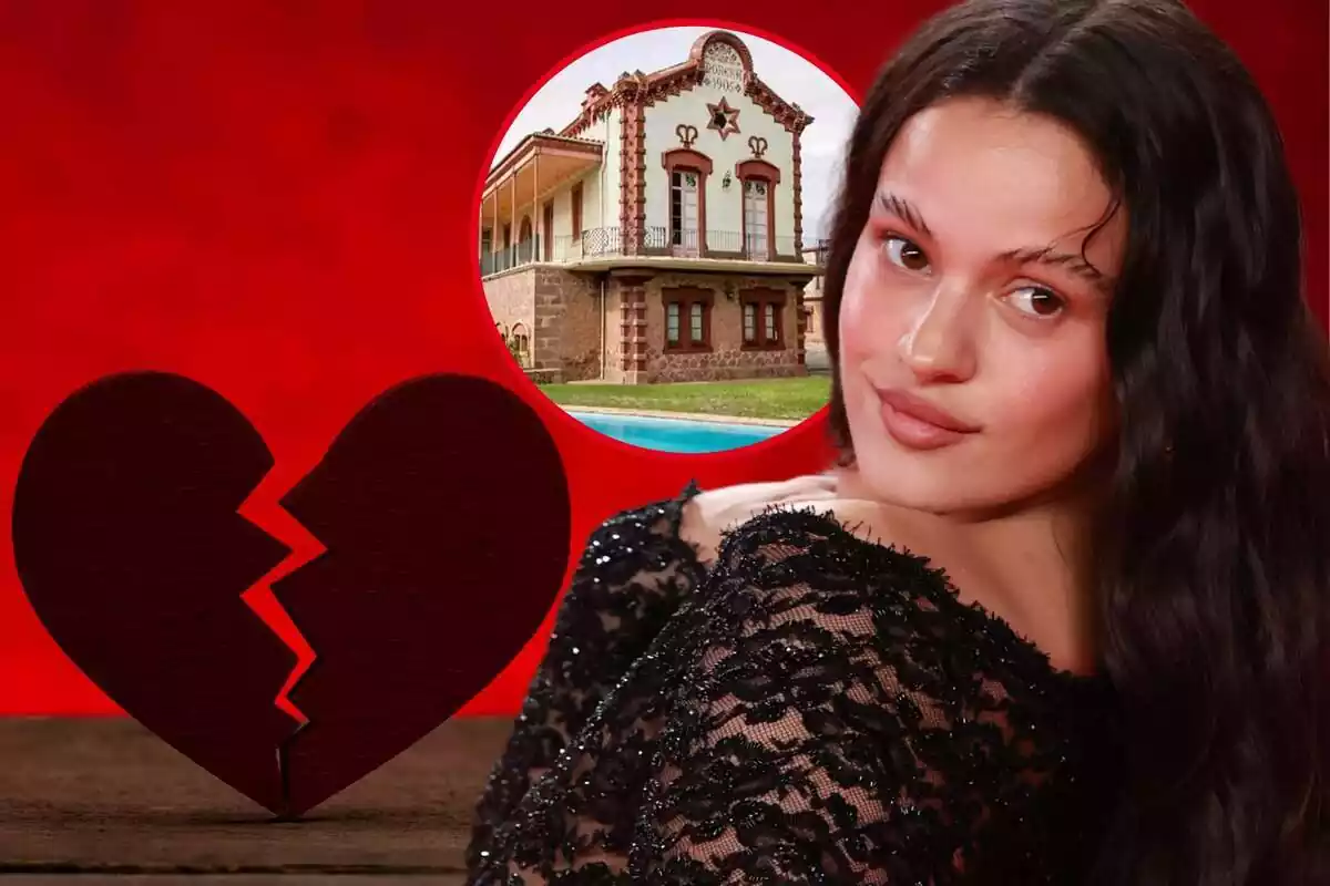Fotomontaje de Rosalía con una imagen de su mansión de Manresa y un corazón roto de fondo