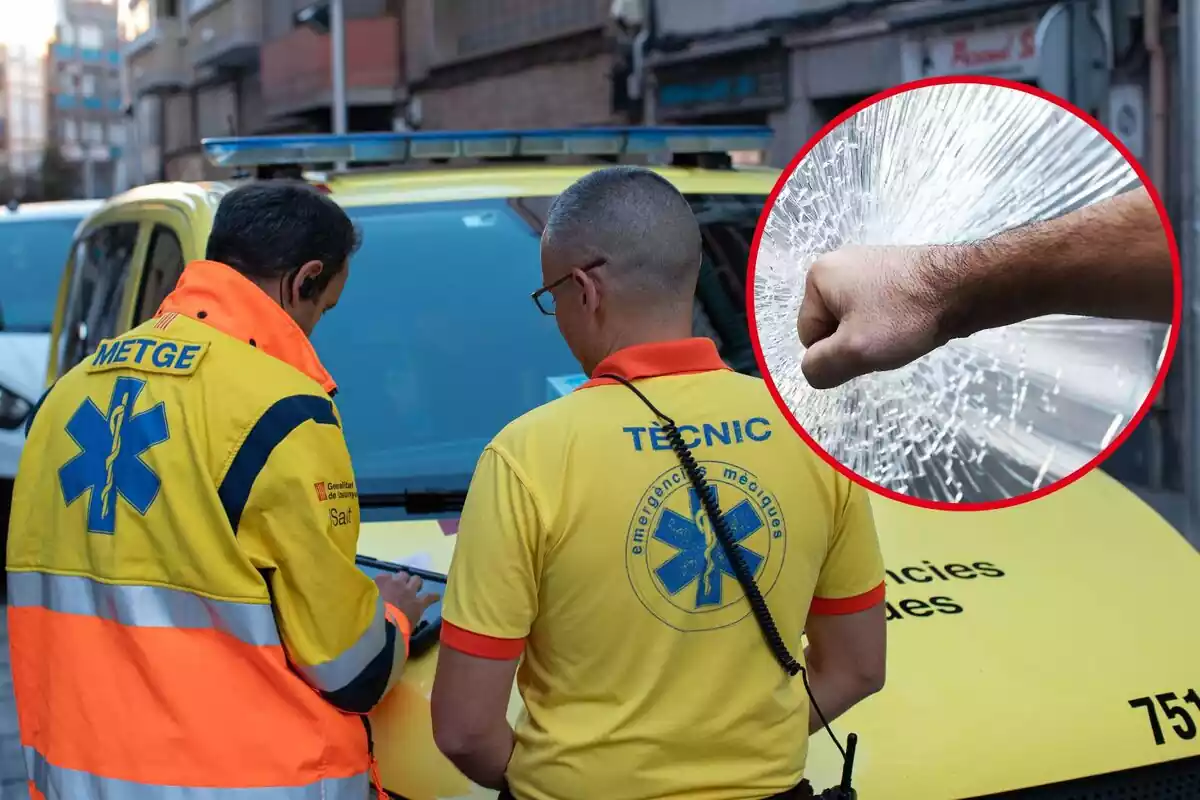 Fotomontaje del personal del Sistema de Emergencias Médicas (SEM) con una imagen de un hombre dando un puñetazo a un cristal