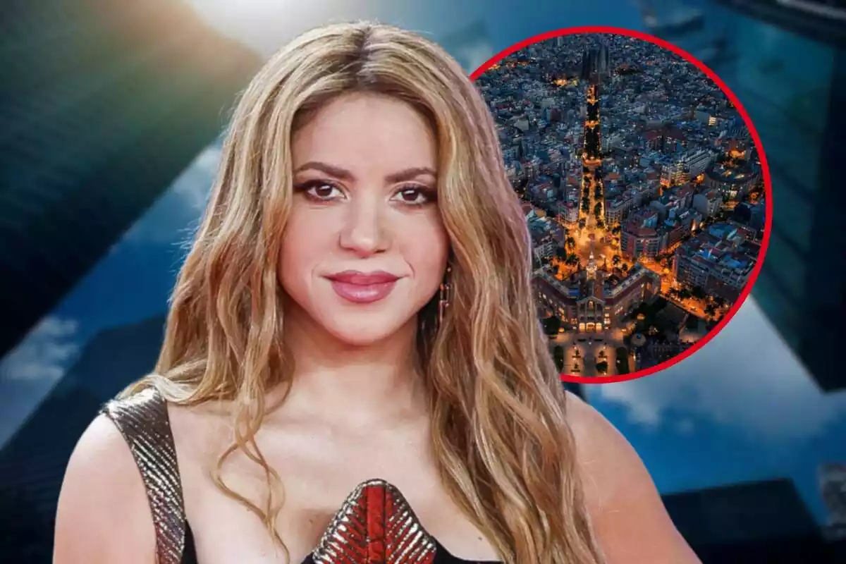 Fotomontaje con una imagen al frente de Shakira y una redonda roja con la ciudad de Barcelona, y de fondo una imagen de negocios