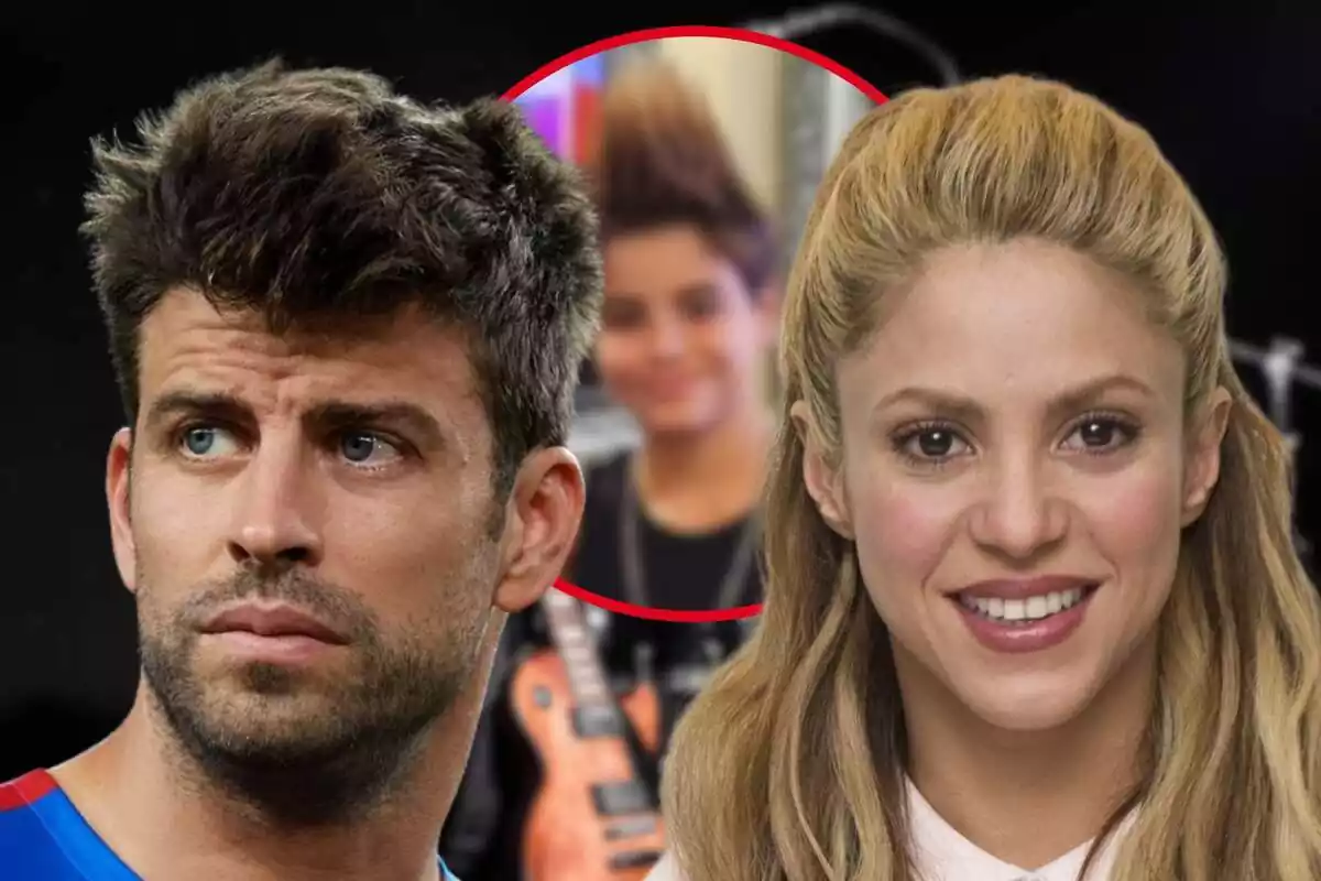 Fotomontaje con una imagen de fondo de instrumentos musicales, al frente las caras de Shakira y Gerard Piqué y una redonda roja con la nueva imagen de Milan