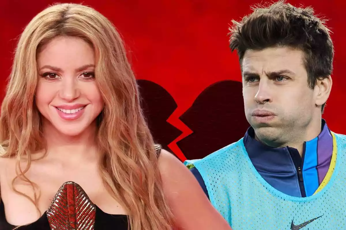 Fotomontaje de Shakira y Gerard Piqué con un corazón roto de fondo