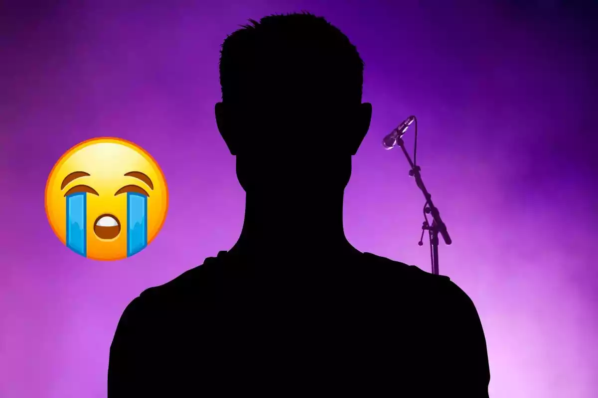 Fotomontaje de una silueta de un hombre con un emoticono llorando y un fondo violeta