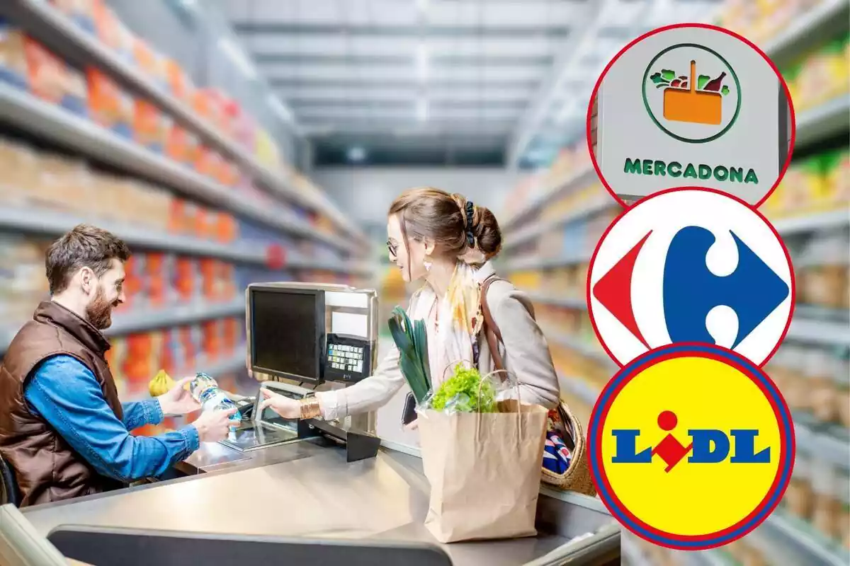 Montaje fotográfico entre un supermercado y los logos de tres supermercados