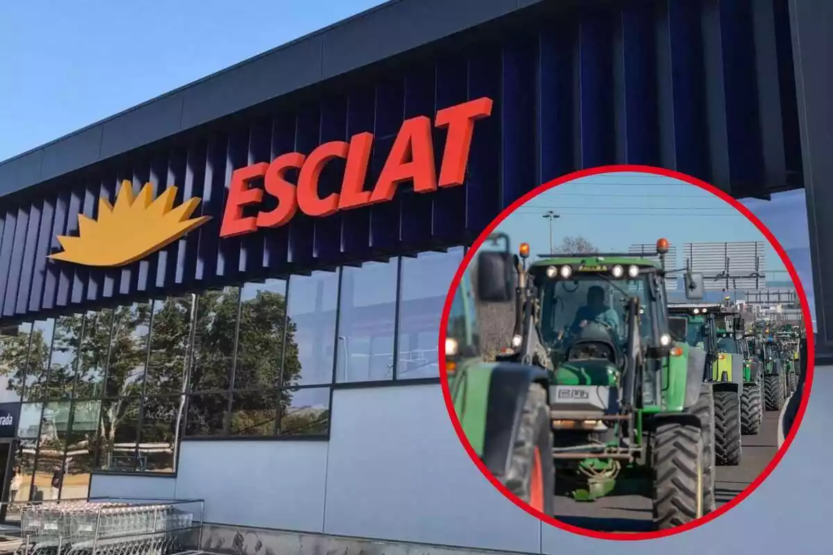 Fotomontaje con una imagen de fondo de un supermercado Esclat y al frente una redonda roja con agricultores protestando con tractores