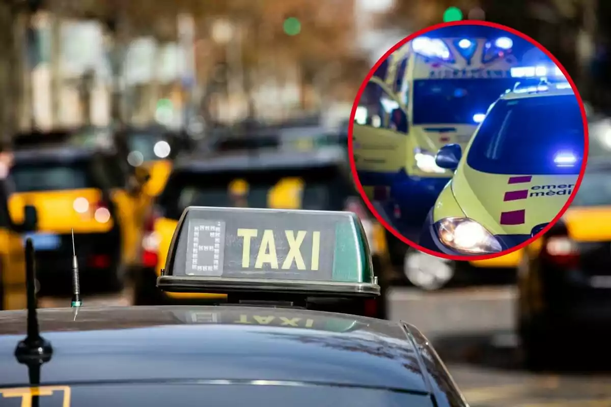 Un taxi con un letrero iluminado en primer plano y una imagen insertada de vehículos de emergencia con luces encendidas.