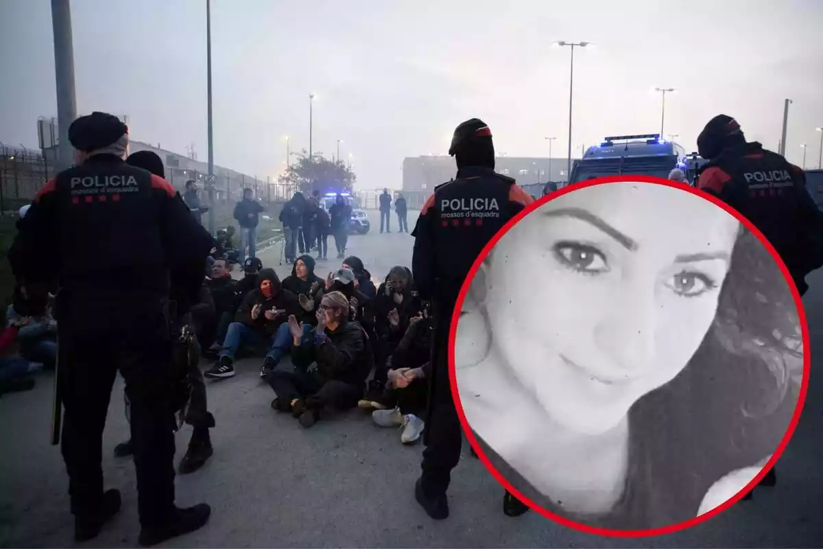 Fotomontaje de agentes de los Mossos d'Esquadra y funcionarios de las cárceles catalanas concentrados y una redonda roja con la imagen de Núria López en blanco y negro