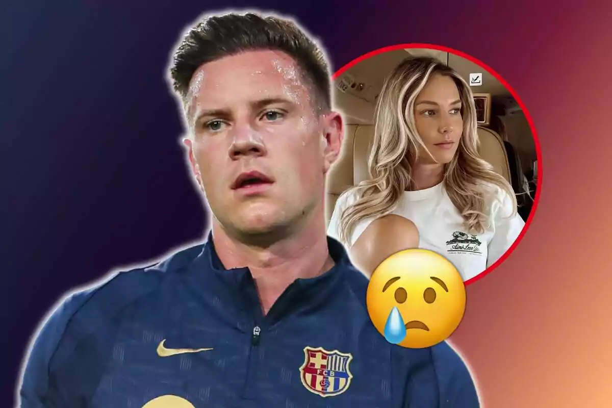 Un jugador de fútbol con la camiseta del FC Barcelona aparece sudoroso y con una expresión seria, mientras que en un círculo a su lado se muestra a una mujer rubia con una expresión neutral, acompañada de un emoji triste con una lágrima.